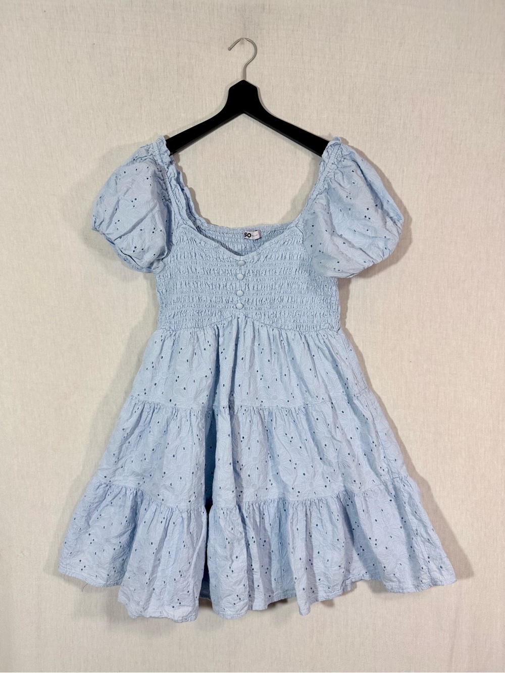 So size L 100% Cotton Light Blue Eyelet Puff-Sleeve Dress